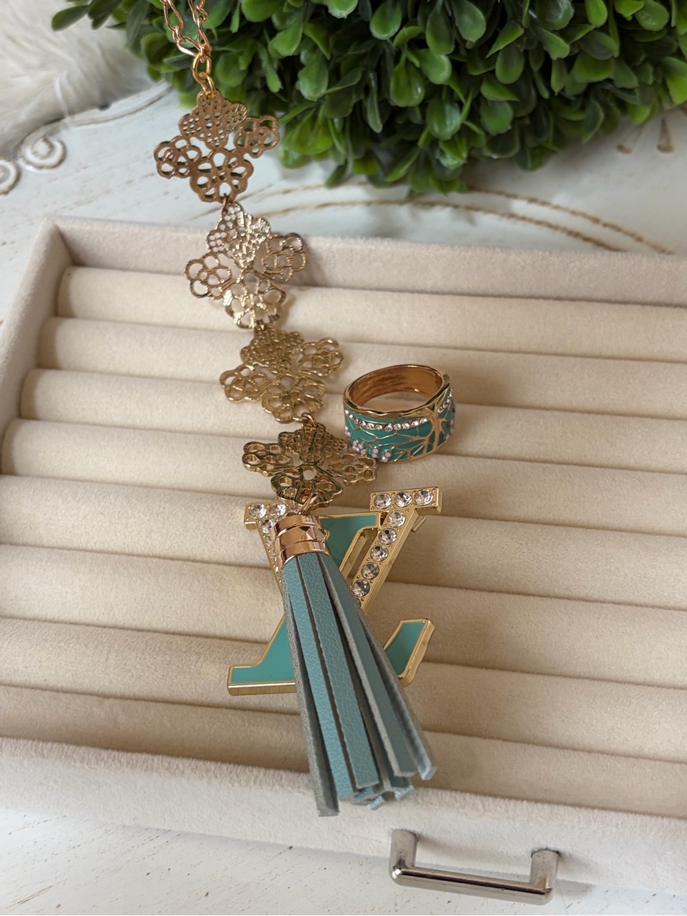 Gold & Turquoise Statement Necklace Brooch and Ring (size 9)